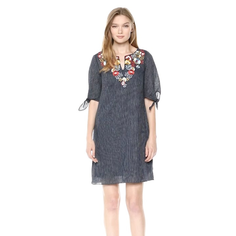 Seersucker Shift Dress with Embroidered Neckline